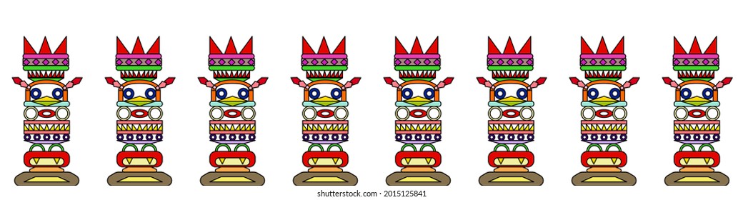 Tiki masks, tribal wooden totems, hawaiian or polynesian style attributes, scary faces with toothy mouth, decorated with leaves isolated on white background. Cartoon vector illustration