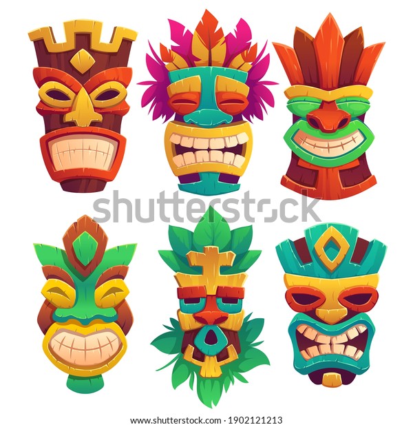 Tiki masks, tribal wooden totems, hawaiian or\
polynesian style attributes, scary faces with toothy mouth,\
decorated with leaves isolated on white background. Cartoon vector\
illustration, icons set