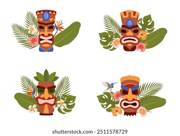 Tiki masks with tropical leaves and flowers. Vector illustrations of traditional Polynesian designs with vibrant colors, depicting different facial expressions, surrounded by lush foliage