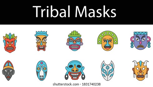 Tiki masks Vector Icon Set, Tribal hawaii totem african traditional wooden Symbol on White background, Ritual and ceremonial masks Concept Design, Animals and Feminine beauty Ancestor Signs