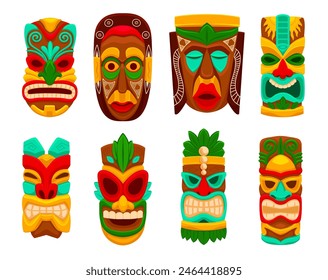 Tiki masks. Wooden hawaiian mask totem, ethnic polynesian or african tribal wood face indigenous god head, hawaii luau surf party decoration, cartoon ingenious vector illustration of mask tiki totem