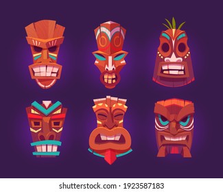 Tiki masks, wooden hawaiian tribal totem with god face. Vector cartoon set of polynesian traditional statues, ancient wood tikki masks isolated on purple background