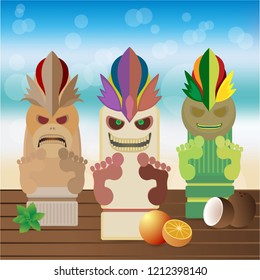 Tiki mug with exotic menu cover, flayer design for web and print . Creative background with wooden table 