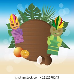 Tiki mug with exotic menu cover, flayer design for web and print . Creative background with wooden table 