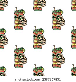 TIKI MUG WITH SKELETON HAND COLOR SEAMLESS PATTERN WHITE BACKGROUND