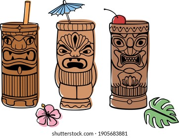 Tiki party cocktail mugs drinks illustration, isolated vector graphic