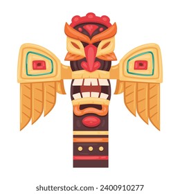 Tiki pole totem. Cartoon wooden ritual idol statue, ethnic hawaiian or african aboriginal culture totem flat vector illustration. Traditional indigenous idol sculpture