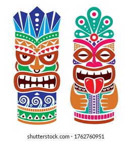 Tiki pole totem vector color design - traditional statue decor set from Polynesia and Hawaii, tribal folk art background. Native Polynesian and Hawaiian two tiki illustration, gods faces with crowns 