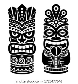 Tiki pole totem vector design - traditional statue decor set from Polynesia and Hawaii, tribal folk art background

Native Polynesian and Hawaiian two tiki illustration in black on white, gods faces