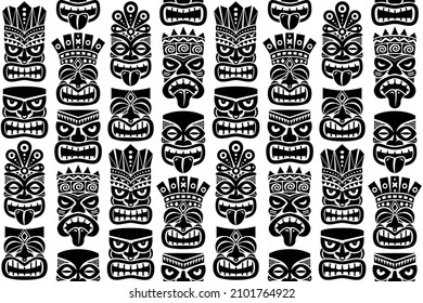 Tiki pole totem vector seamless pattern - traditional statue or mask repetitve design from Polynesia and Hawaii. Native Polynesian and Hawaiian rextile, fabric print or wallpaper background in black