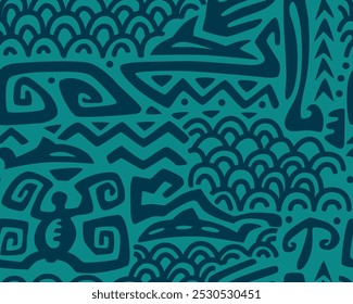 Tiki padrão sem emenda. Impressão têxtil asteca.Geométrica, fundo vetorial. Adequado para impressão em tecido e papel, para festas havaianas.