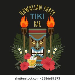 Tiki statue with cocktail and flowers. Party invitation. Design elements for cards, posters, flyers, banners.