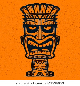 Tiki statue with intricate carvings and bold expression on vibrant orange background