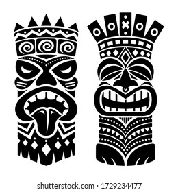 Tiki Statue Pole Totem Vector Design - Traditional Decor Set From Polynesia And Hawaii, Tribal Folk Art Background. Native Polynesian And Hawaiian Two Tiki Illustration In Black On White, Gods Faces W