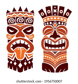 Tiki Statue Pole Totem Vector Design - Traditional Decor Set From Polynesia And Hawaii, Tribal Folk Art Background In Brown. Native Polynesian And Hawaiian Two Tiki Illustration, Gods Faces With Crown