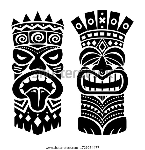 ティキの像の棒のトテムベクター画像デザイン 部族の民族アートの背景にポリネシアとハワイを舞台にした伝統的なデコール 白い背景にポリネシア語とハワイ語のネイティブの2つのタイキイラスト 神の顔w のベクター画像素材 ロイヤリティフリー