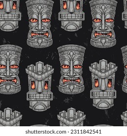 Tiki statue seamless pattern colorful with stone faces of aztec gods with flames in mouth and eyes vector illustration