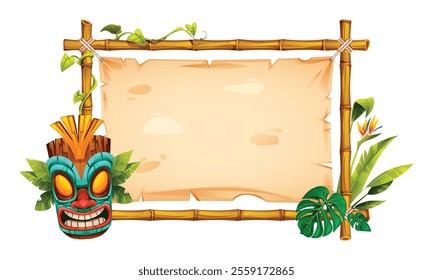 Tiki style bamboo frame with blank parchment, tribal mask, and tropical leaves. Vector cartoon illustration