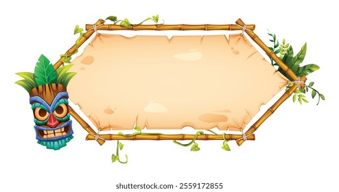 Tiki style bamboo frame with tropical vines, blank parchment, and tribal mask. Vector cartoon illustration