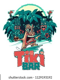 Tiki surfer and Tiki play the ukulele and drum. Tiki bar. Vector illustration