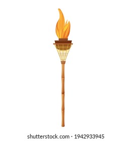 Tiki torch with bamboo stick with flame in cartoon style isolated on white background. Hawaiian decoration, island symbol. Vintage element, summertime.