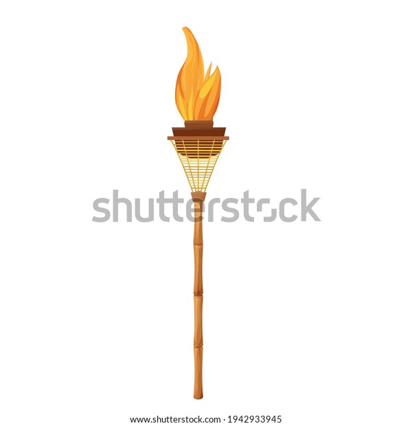 Tiki torch with bamboo stick with\
flame in cartoon style isolated on white background. Hawaiian\
decoration, island symbol. Vintage element,\
summertime.