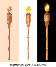Tiki torch set. Burning beach bamboo torch in different styles, graphic, cartoon and realistic 3D. Vector illustration. Isolated on white background.