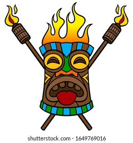 Tiki with Torches - A cartoon illustration of a Polynesian Tiki with Torches.