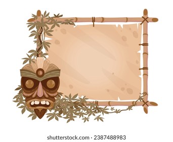 Tiki Totem Bambusrahmen. Cartoon hawaiian oder afrikanische Aborigine-Totem-Maske auf Zeichenbrett, Holzrahmen mit Stammestatur, flache Vektorgrafik