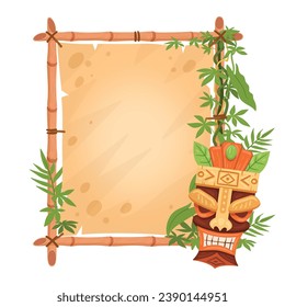 Tiki totem bamboo frame. Cartoon sign with Hawaiian and African aboriginal totem. Bamboo frame with wooden tribal mask flat vector illustration