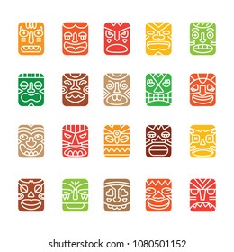 Tiki totem colored smile emotions faces muzzles icons collection set