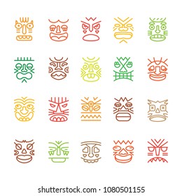 Tiki totem colored smile emotions faces muzzles line icons collection set