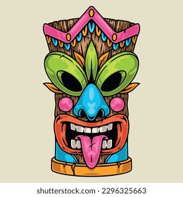 Tiki totem colorful detailed sticker with traditional tongue sticking out mask for beach aloha party decoration vector illustration