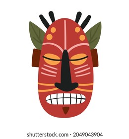 Tiki totem, hawaii mask exotic vector illustration. Cartoon mask template, ancient wooden african traditional totem, mythology decoration isolated on white