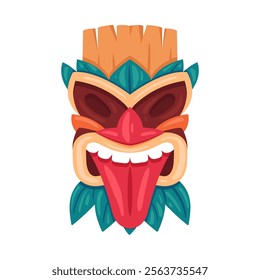 Tiki totem mask. Cartoon ceremonial wooden tiki african or hawaiian mask, ethnic ritual idol flat vector illustration. Tribal ritual mask on white