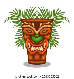 Tiki, Totem with palm leaf on white background Design element for logo, poster, card, banner, emblem, t shirt. Vector illustration.
