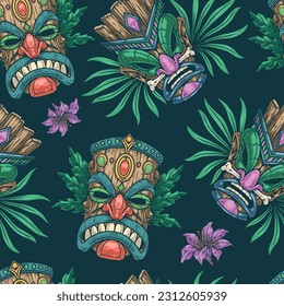 Tiki totems colorful seamless pattern with wooden masks with evil faces for clothing design in Hawaiian culture style vector illustration