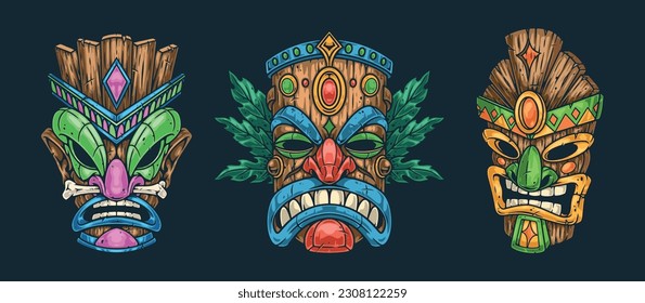 Tiki totems colorful set label with hawaiian gods heads for club interior decorations with beach night parties vector illustration