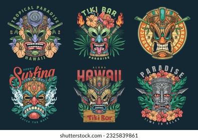 Tiki-Totems bunte Set-Logotypen mit GrimacMacs auf Holzfronten, um Strand-tropische Bars oder Surf-Vektorgrafik