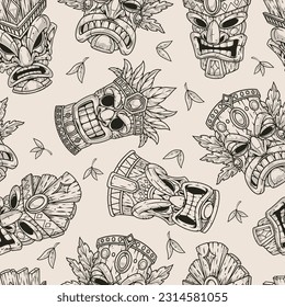 Tiki totems monochrome seamless pattern with masks of aggressive idols Hawaiian culture for security and protection from spirits vector illustration