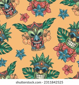 Tiki-Totems-Muster nahtlos farbig mit lustigen Masken Hawaiianische Idole auf hellem Hintergrund mit Palmblättern und Blumen Vektorgrafik