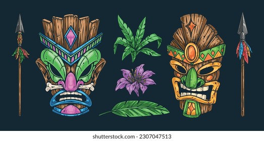 Tiki totems set sticker colorful with wooden masks ancient gods hawaiian culture and spears or petals and flowers vector illustration