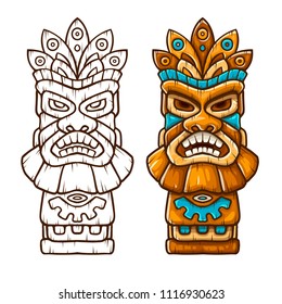 Tiki traditional hawaiian tribal mask with human face with outline. Wooden totem symbol, god from ancient culture of Hawaii. Hand drawn in cartoon style, isolated on white background. EPS10 vector.