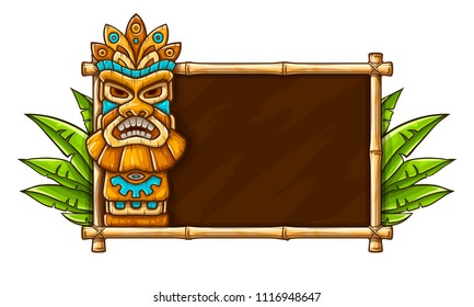 Tiki traditional hawaiian tribal mask with human face on bamboo frame with copyspace and plant with green leaves. Wooden totem symbol, god from ancient culture of Hawaii. Hand drawn in cartoon style.