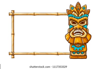 Tiki traditional hawaiian tribal mask with human face on bamboo frame with copyspace. Wooden totem symbol, god from ancient culture of Hawaii. Hand drawn in cartoon style, isolated on white.