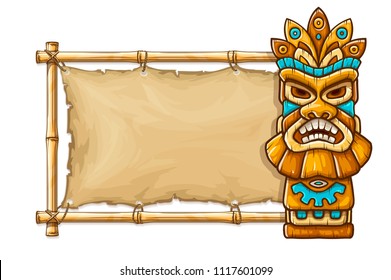 Tiki traditional hawaiian tribal mask with human face on bamboo frame with copyspace. Wooden totem symbol, god from ancient culture of Hawaii. Hand drawn in cartoon style, isolated on white.