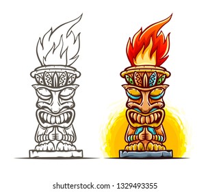 Mascarilla tribal hawaiana tradicional tiki con rostro humano y fuego en llamas. Símbolo tótem de madera, dios de la antigua cultura hawaiana. Mano dibujada al estilo de las caricaturas, aislada en blanco. Ilustración Eps10.