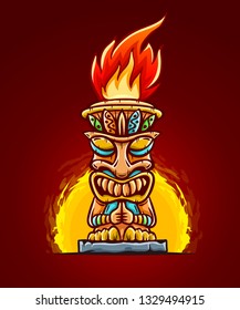 Tiki traditional hawaiian tribal mask with human face with flame of burning fire of torch. Wooden totem symbol, god from ancient culture of Hawaii. Hand drawn in cartoon. Eps10 vector illustration.