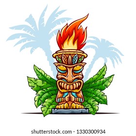 Tiki traditional hawaiian tribal mask with human face in green leaves of tropical plants. Wooden totem symbol, god from ancient culture of Hawaii. Hand drawn in cartoon style. Vector illustration.