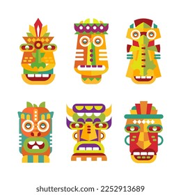 Tiki Tribal African Mask from Wood with Carved Ornament Vector Set